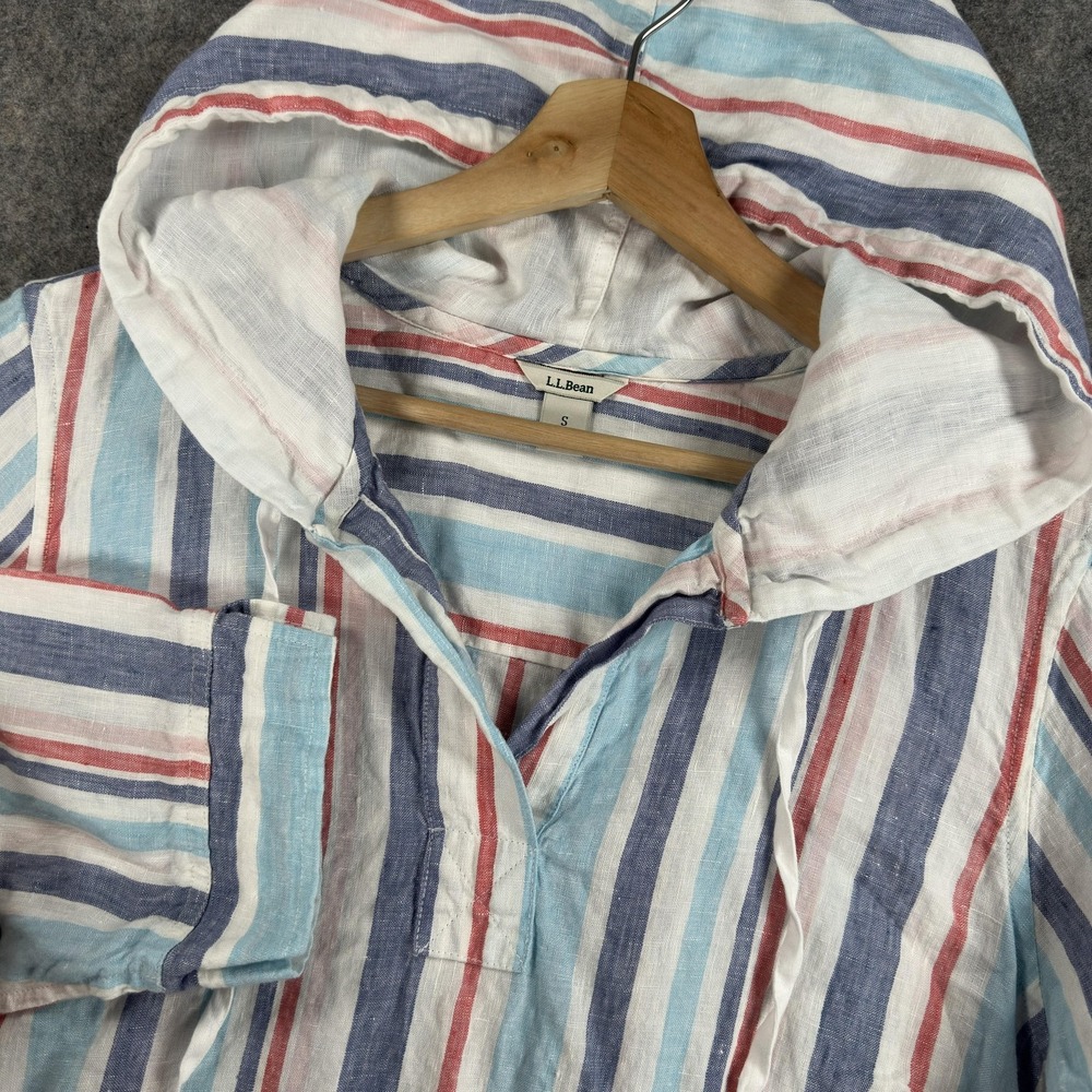 L.L.Bean Shirt Womens Small Multicolor Linen Stripe Hooded Top 3/4 Sleeve Beach